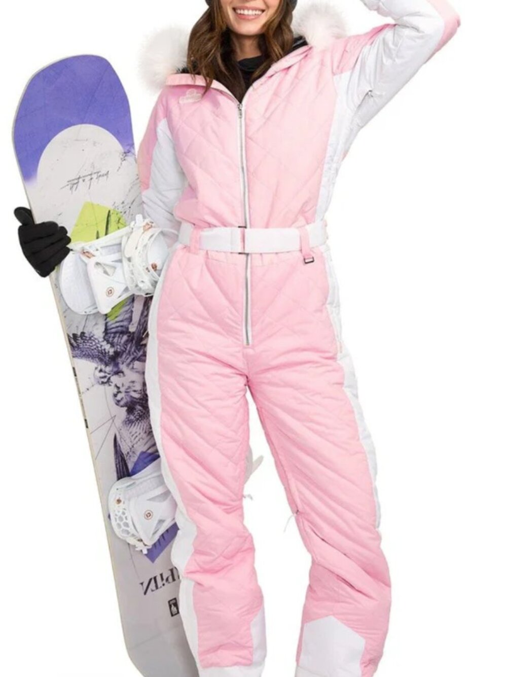 Tipsy Elves Pink and White Quilted Faux-Fur Hooded Snow Suit One-Piece